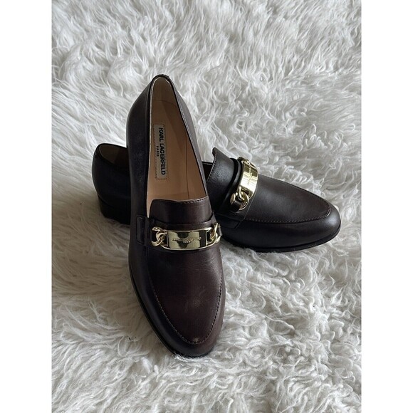 Karl Lagerfeld Women’s Size 6 Cabana Brown Loafers Flats Gold Chain NWOB - Picture 1 of 13